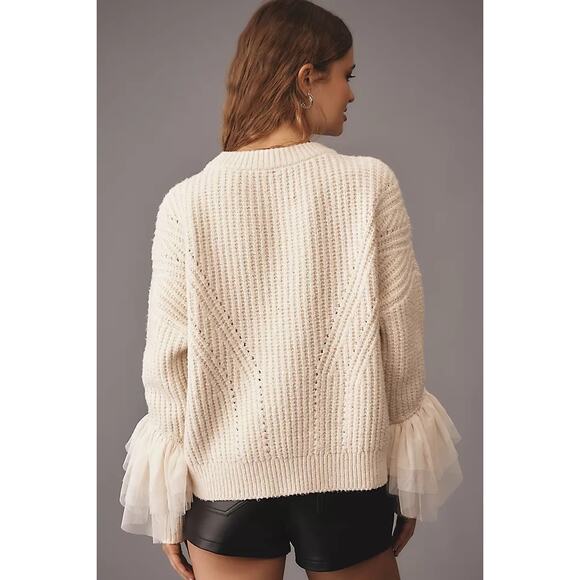 Anthropologie Tulle-Sleeve Pullover Knit Sweater Cream Medium - Picture 2 of 6